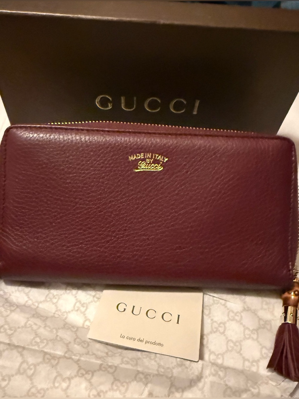 Gucci Burgundy Leather Zip-Around Wallet with Tassel